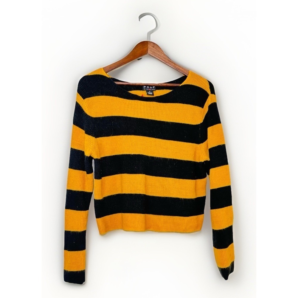 Juniors Poof Soft Cropped Yellow/Black Sweater Size Small